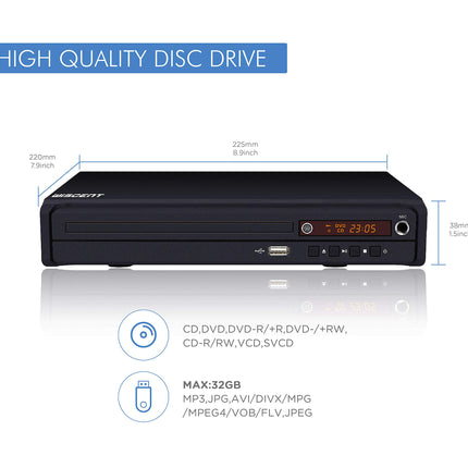 WISCENT HD DVD-mängija telerile HDMI/AV/koaksiaalväljundiga (HDMI-kaabel kaasas), USB 2.0 meediapleier, kõik regioonivabad, kompaktne DVD/CD-mängija (mitte Blu-ray)