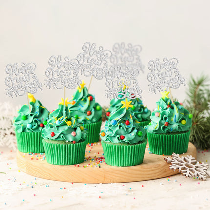 Gyufise 24 Pieces 2025 Happy New Years Cupcake Toppers Silver Glitter 2025 Happy New Year Party Decorations for Happy 2025 Cheers to 2025 Hello 2025 New Year's Eve Party Decorations Supplies