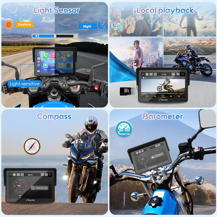 Carpuride W502PRO B BMW mootorrattale CarPlay ja Android Auto ning kahekordne Bluetooth, 5-tolline veekindel puuteekraan mootorrattale, muusika jagamine, intercom, valgussensor, kompass, baromeeter