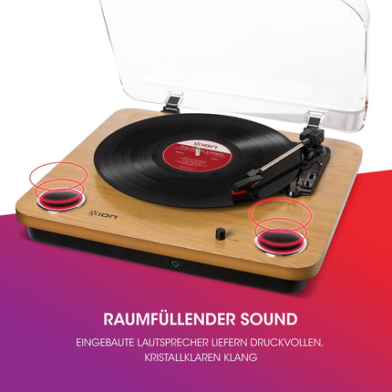 ION Audio Max LP - Vinyl Record Player Bluetooth with Built-in Speakers and USB, Wood Color