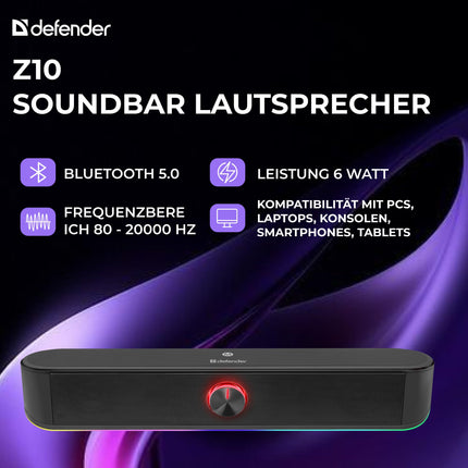 Defender® Z10 arvutikõlarid – 2.0 heliriba arvutile, sülearvutile ja monitorile – 6W stereokõlar Bluetooth 5.0, 3,5 mm AUX-pordi ja USB-toitega – puutetundliku juhtimisega mängu- ja lauaarvutikõlarid