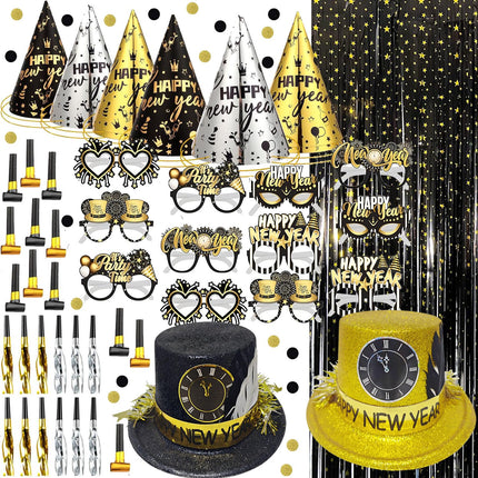 Bdecoll Glitter New Year's Eve Decoration 2025 Set, Happy New Year Glasses, 8pcs Black and Gold Party Hats New Year's Eve Decoration New Year's Eve Party Accessory for Christmas New Year Party Decoration