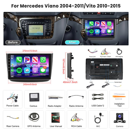 2G+64G juhtmevaba Carplay Android 13 autoraadio 2 DIN Mercedes Benz Viano 2004-2011/Vito 2010-2015 10-tollise autoraadio Android Auto Navi GPS WIFI peegliühendusega Bluetooth FM/RDS/DAB/SWC tahavaatekaamera