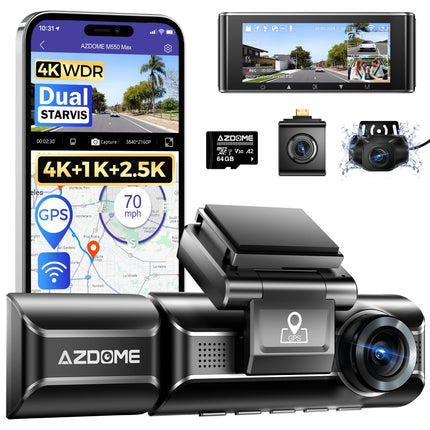 AZDOME 4K autokaamera 4K+ 1080P+ 2.5K ees, taga, sees, kahe STARVIS kaameraga, 64GB SD-kaart, WiFi, GPS, öönägemine, parkimismonitor, tsükkelsalvestus, WDR, G-andur, 3.19” kuumakindel, M550 MAX