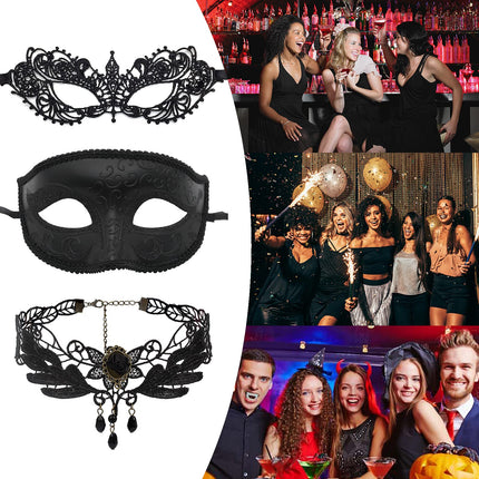 JewelryWe Ehted 3 tk maskikaelakee komplekt must seksikas paar Veneetsia pitsist silmamask gooti kaelakee kaelarihmaga naiste maskeraadi kostüüm Halloweeni karnevalipeoks Cosplay