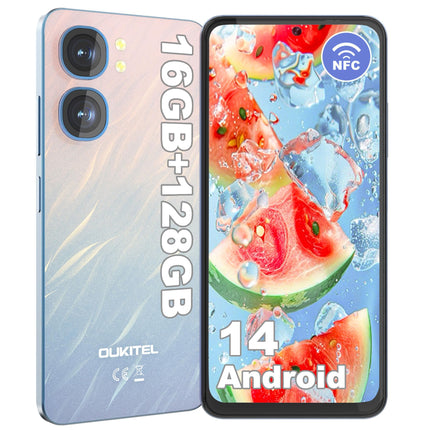 OUKITEL C58 (16GB+128GB) nutitelefon ilma lepinguta - 6,67-tolline 90Hz Android 14 mobiiltelefon soodne, 5150mAh aku, 13MP+5MP kaamera, näotuvastus ja sõrmejäljelugeja, NFC, GPS, kahe SIM-kaardi pesa 4G soodne nutitelefon, sinine