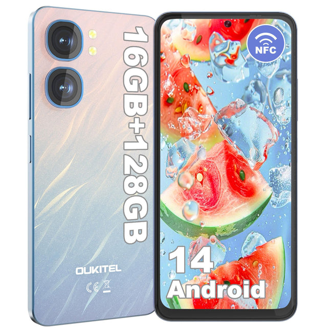 OUKITEL C58 (16GB+128GB) nutitelefon ilma lepinguta - 6,67-tolline 90Hz Android 14 mobiiltelefon soodne, 5150mAh aku, 13MP+5MP kaamera, näotuvastus ja sõrmejäljelugeja, NFC, GPS, kahe SIM-kaardi pesa 4G soodne nutitelefon, sinine