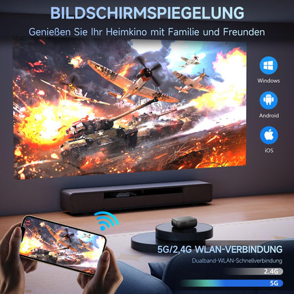 Miniprojektor, mobiilne, kaasaskantav projektor 1080p UHD juhtmevaba peegeldav ekraan nutitelefoni/lauaga, komplektne TV-pulk/PS5/PC/Android/IOS sise- ja välistingimustes kasutamiseks