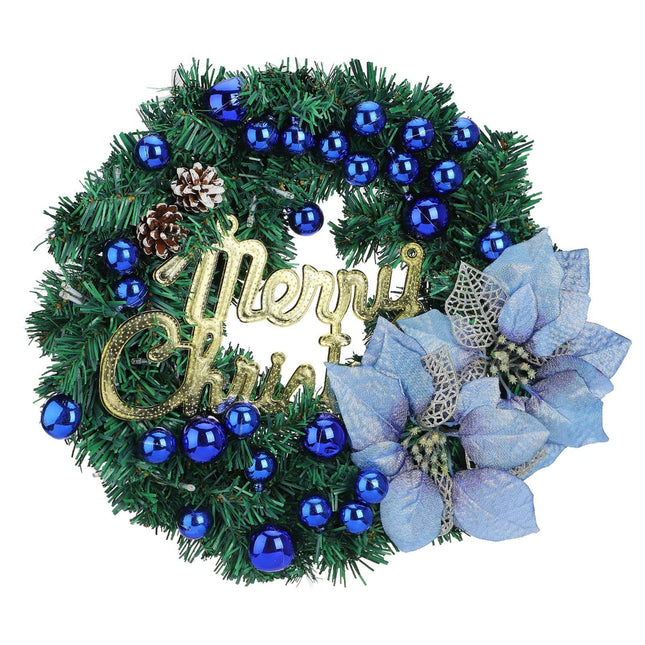 Christmas wreath for the front door with poinsettia, pine cones, pre-lit artificial Christmas wreath for hanging, Christmas wreath for the front door with LED lights, hanging (blue)