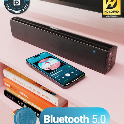 MAJORITY Bowfell heliriba telerile ja arvutile | 50W mini-heliriba Bluetooth 5.0-ga | 2.0 stereokõlarid | USB-taasesitus, AUX ja optiline sisend | Komplektis kaugjuhtimispult (must)