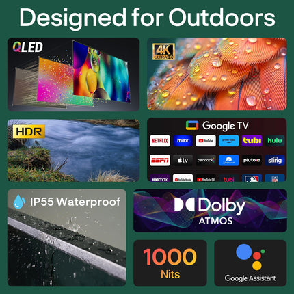 SYLVOX 43-tolline õueteler, nutikas QLED Google TV, IP55 veekindel teler, 4K UHD, Dolby Atmos, toetab Google Assistantit, häälassistent, 1000 nitti osalise päikesevalgusega õueteler (2024. aasta mudel)