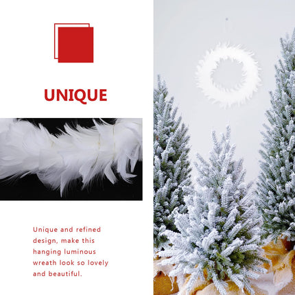Uonlytech White Feather Garland. White Feather Wreath Christmas Wreath for Front Door Feather Wreath with LED Lights for Indoor Outdoor Halloween Party Decorations Christmas Wreath with Lights