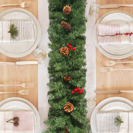 Christmas garland 270 cm, Uten fir garland with red berries and pine cones, Christmas decoration green, for door, stairs, wedding