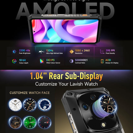 Ulefone Armor 28 Pro välistingimustes kasutatav mobiiltelefon 5G tehisintellektiga nutitelefon 32GB+512GB/SD-2TB, 6.67" FHD+ 120Hz AMOLED+1.04" alamekraan 10600mAh 120W 50MP + 50MP + 50MP + 64MP öönägemine Android 14/3 pesa/OTG/NFC must