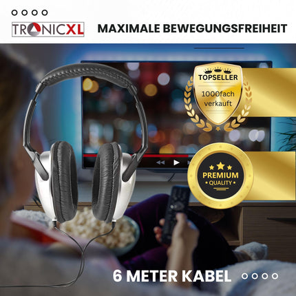 TronicXL TV kõrvaklapid kõrvaklapid peavõruga stereo 6m pikkused kaabeltelevisiooni televisioon, mis ühildub Sony, LG, Panasonic, Grundig, Samsung, Philips, Toshiba, Hisense, Medion kronsteiniga seenioride abistamiseks mõeldud televiisor
