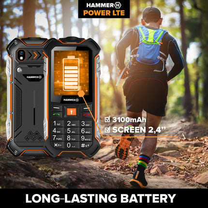 Hammer H Power LTE mobile phone without contract, 2.4-inch color display, robust, mega battery 3100 mAh, (IP68), shockproof, construction site buttons, flashlight, dual SIM, 256 MB keypad phone - black