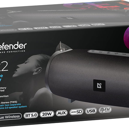 Defender® G22 Bluetooth Speaker – 20W Music Box with TWS, FM Radio, USB, MicroSD, AUX, MP3 Player &amp; Microphone – Portable Speaker with Shoulder Strap, Hands-Free Function &amp; Type-C Charging Port