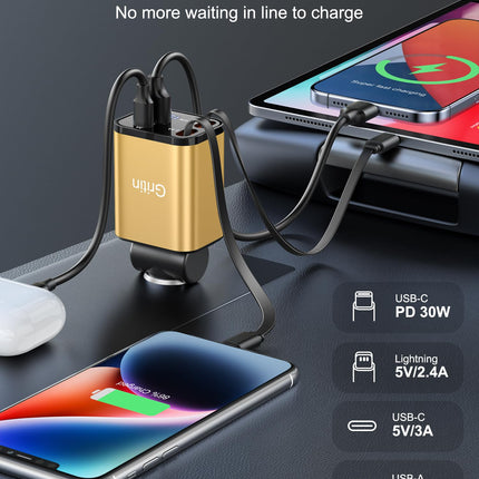 Gritin 4 in 1 USB C Cigarette Lighter, 69W Car Charger Adapter with Voltage Display &amp; Adaptive Charging Technology, USB Fast Charger for iPhone 16/15/14/iPad/Galaxy/Android etc. - Yellow