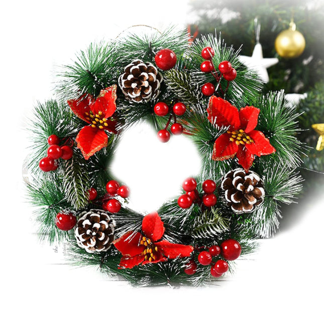 Christmas wreath, artificial Christmas wreath for the door, Christmas door wreath decoration with Santa Claus, flocked red berries, pine cones, for front door outdoor, decoration wreath