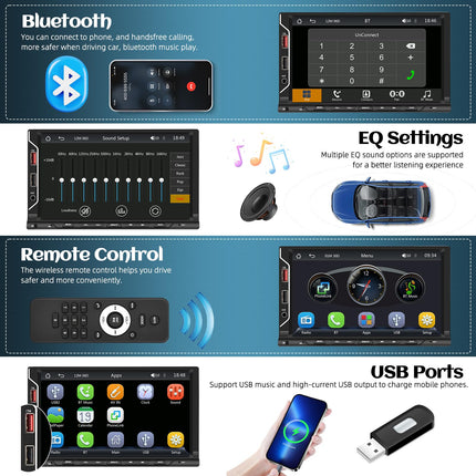 CAMECHO kahe DIN-iga autoraadio juhtmevaba Carplay ja Android Auto toega, 2 DIN-iga autoraadio 7-tollise autoekraaniga, puutetundliku ekraaniga autoraadio Bluetoothi, FM-raadio, EQ ja USB-ühendusega + tahavaatekaamera + mikrofon