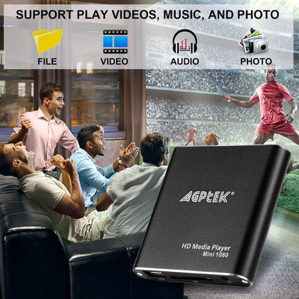 AGPTEK Mini 1080P Full HD digitaalne meediapleier kaugjuhtimispuldiga MP3, WMA, OGG, AAC, FLAC, APE, AC3, DTS, ATRA jaoks - toetab HDMI CVBS ja YPbPr videoväljundit (must).