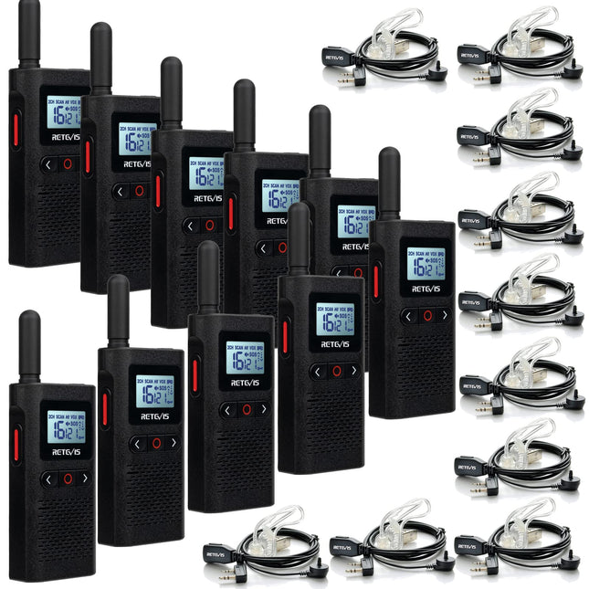 Retevis RB628 kahesuunaline raadiosaatja, PMR446 mini laetav raadiosaatja täiskasvanutele 1500mAh, LCD-ekraan VOX, professionaalsed kahesuunalised raadiosaatjad peakomplektiga hotellidele, koolidele (10 tk, must)