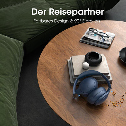 DOQAUS Kopfhörer Kabellos Bluetooth Bis zu 90 Std,Bluetooth Kopfhörer Over-Ear mit 3 EQ-Modi, HiFi Stereo, Eingebautes Mikrofon, Faltbares Wireless Headphones für Handys/iPad/Laptops/PC-Marineblau