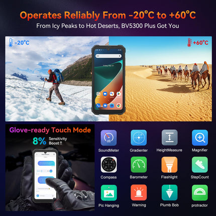 Blackview 2025 BV5300 Plus Outdoor Mobile Phone (NFC), 24GB + 256GB / 2TB TF Outdoor Smartphone Without Contract, 6.1" HD+ IP69K Waterproof, Construction Site Phone, 13MP / Dual 4G / OTG / GPS / 273g