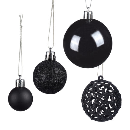 Relaxdays Christmas Baubles Set of 50, Glittering, Matte &amp; Shiny Christmas Tree Baubles, Plastic, Diameter 3, 4 &amp; 6 cm, Black