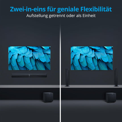 MEDION P64150 2-ühes teisendatav Bluetooth-teleri heliriba juhtmevaba subwooferiga (2.1 heliriba, 2 x 30 vatti, 60-vatine subwoofer, seinale kinnitatav, HDMI ARC CEC-ga, AUX, optiline sisend)