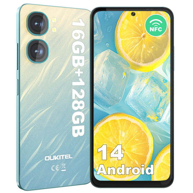 OUKITEL C58 (16GB+128GB) nutitelefon ilma lepinguta - 6,67-tolline 90Hz Android 14 mobiiltelefon soodne, 5150mAh aku, 13MP+5MP kaamera, näotuvastus ja sõrmejäljelugeja, NFC, GPS, kahe SIM-kaardi pesa 4G soodne nutitelefon, roheline