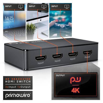 CSL - HDMI 2.0 jaotur 4k 60Hz - 3-pordiline lüliti puldiga - 2.0b Ultra HD 4096x2160 3840x2160 - HDR - 3D-valmis - HDCP - 48-bitine sügavvärv - automaatne vahetamine - toiteplokiga