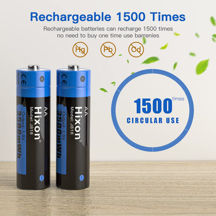 Hixon AA Rechargeable Lithium Batteries 1.5V 3500 mWh for Xbox Controller Toy Remote Control, Set of 4 Batteries and Fast Charger