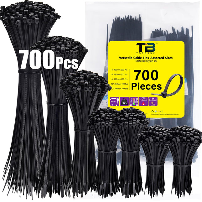 Cable Ties Black Set 700 Pieces, Cable Ties Small [3.6 mm] x 100/150/200/250/300 mm Tensile Strength 18 kg UV-Resistant Robust, Industrial Nylon Cable Tie Set