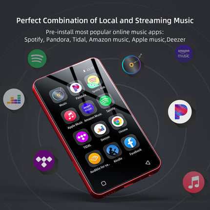 MP4 MP3 mängija Bluetoothi ​​ja WiFi-ga, 4-tolline puuteekraan, Spotifyga, Androidi voogedastusmuusikamängija Pandoraga, kaasaskantav HiFi heliga digitaalne audiopleier kõlariga, punane