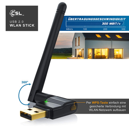 CSL - 300 Mbps WLAN Stick with Removable Antenna - Wireless LAN - USB 2.0 Stick - Mini Dongle 802.11nbg - SMA Jack 150 54 - Windows 11 Compatible - Black