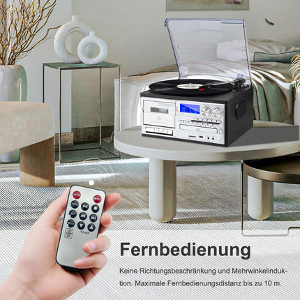 9-ühes plaadimängija Bluetoothi, CD, kasseti, AM/FM-raadio, USB SD MMC taasesituse ja kaugjuhtimispuldiga – 3-kiirusega plaadimängija, kõrvaklapipesa ja Aux In RCA Line Out.