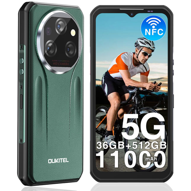 OUKITEL WP39 Pro Outdoor Smartphone 5G 36GB+512GB/2TB, 11000mAh Android 14 Outdoor Unlocked, MTK6300 Octa-Core Waterproof Construction Site Phone, 64MP+32MP, 6.6'' FHD+/Fingerprint/NFC/33W-Green
