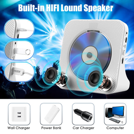 Gueray DVD Player for TV All Region Free Desktop DVD/CD Player for Home with Bluetooth Speakers Display Alarm Clock FM Radio with CD Player USB Card Playback Remote Control, HDMI &amp; AV Cable (White)