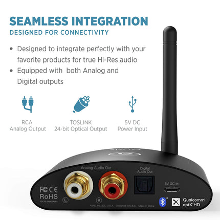 Auris Blume HD Music 5.2 Bluetooth-vastuvõtja pika levialaga - HiFi juhtmevaba audio-Aux-Bluetooth-adapter koos Audiophile DAC-i, LDAC-i ja aptX HD-ga stereosüsteemi voogedastuseks - Aux-adapter