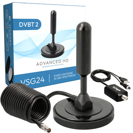 VSG24 DVBT2 antenna with amplifier 36Dbi+ HDTV indoor antenna for television, maximum signal quality thanks to aluminum core, 5m cable DVB-T2 antenna television freenet tv indoor outdoor
