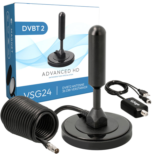 VSG24 DVBT2 antenna with amplifier 36Dbi+ HDTV indoor antenna for television, maximum signal quality thanks to aluminum core, 5m cable DVB-T2 antenna television freenet tv indoor outdoor