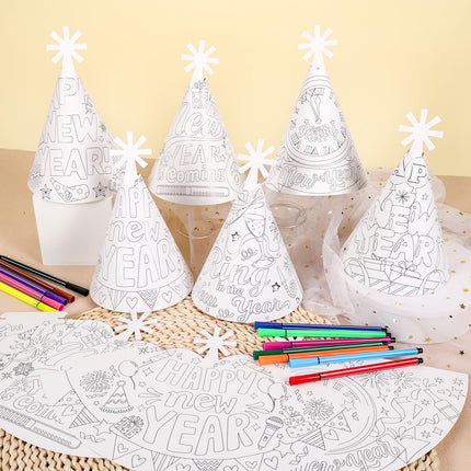 HOWAF New Year's Eve Decorations 2025 for Coloring, 12 New Year's Eve Party Hats to Color, New Year's Eve Hats, New Year's Eve Party Hats, Coloring New Year's Eve Games for Kids, New Year's Eve Accessories, Happy New Year Decorations 2025