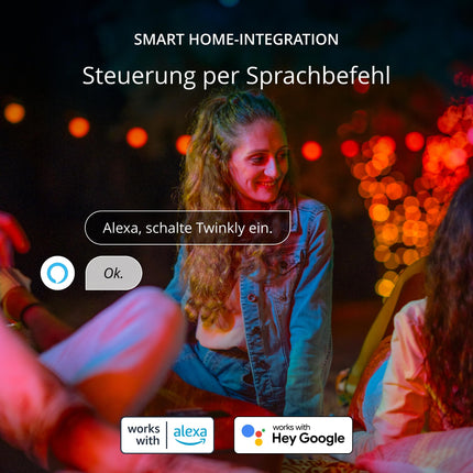 Twinkly Strings 600 LED RGB+ White, LED String Lights, Smart LEDs for Indoor and Outdoor Use, Compatible with Alexa and Google Home, IP44, App Control, Black Cable, 48m