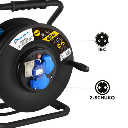 Electraline 49059, Industrial cable reel H07 RN-F 3G2.5 40 m cable - IP44 outdoor/cable reel with rubber extension, 2 industrial cold appliance sockets with 3-pin plug + 1 Schuko socket