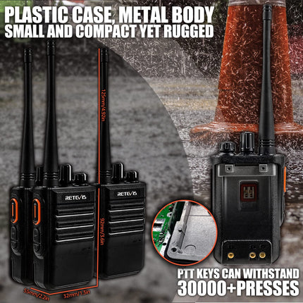 Retevis RB646 IP67 veekindel raadiosaatja, PMR446 kaasaskantav väike kahesuunaline raadio, VOX hädaolukorra USB-laadija, pihuraadio ehitusplatsidele (must, 4 tk pakis)