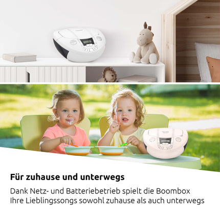 TechniSat Viola CD-1 - kaasaskantav stereo CD-mängija, boombox praktilise kandekäepidemega (lasteraadio, FM-raadio tuuner, Bluetooth-vastuvõtt, 2 x 1 W RMS-võimsus, vooluvõrgust ja akudest töötav) valge
