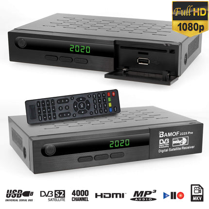 hd-line Bamof 2225 PRO satelliitvastuvõtja digitaalne satelliitvastuvõtja (HDTV, DVB-S/DVB-S2, HDMI, SCART, 2x USB, Full HD 1080p) [eelprogrammeeritud Astra, Hotbird ja Türksat jaoks] + HDMI-kaabel, must