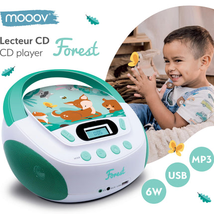 mooov 477147 CD-mängija lastele kõlarite, USB, kõrvaklapipesa ja AUX-IN-pordiga - kaasaskantav Boombox CD-mängija - vooluvõrgust või patareidest töötav - mudel Forest - roheline/valge