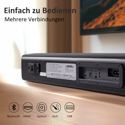 Heymell väike 60 cm 2.1-kanaliline Bluetooth-arvuti kõlar-soundbar teleriseadmetele, 120 W ruumilise heli, dialoogi võimendusega soundbar, arvuti, HDMI ARC optiline Aux, seinakinnitus.